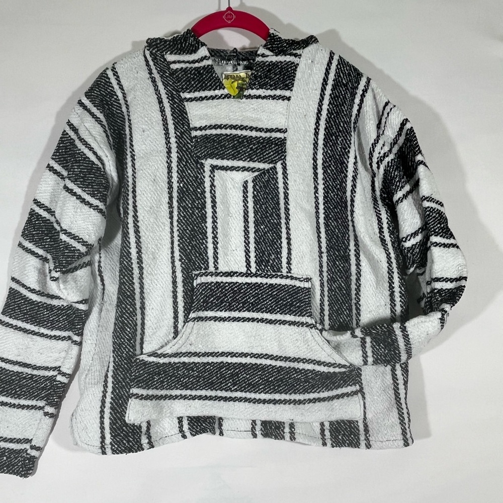 IGUANA JACK BOHO MEXICAN BLANKET HOODIE UNISEX L FITS LIKE A MED‎ BLACK/WHITE